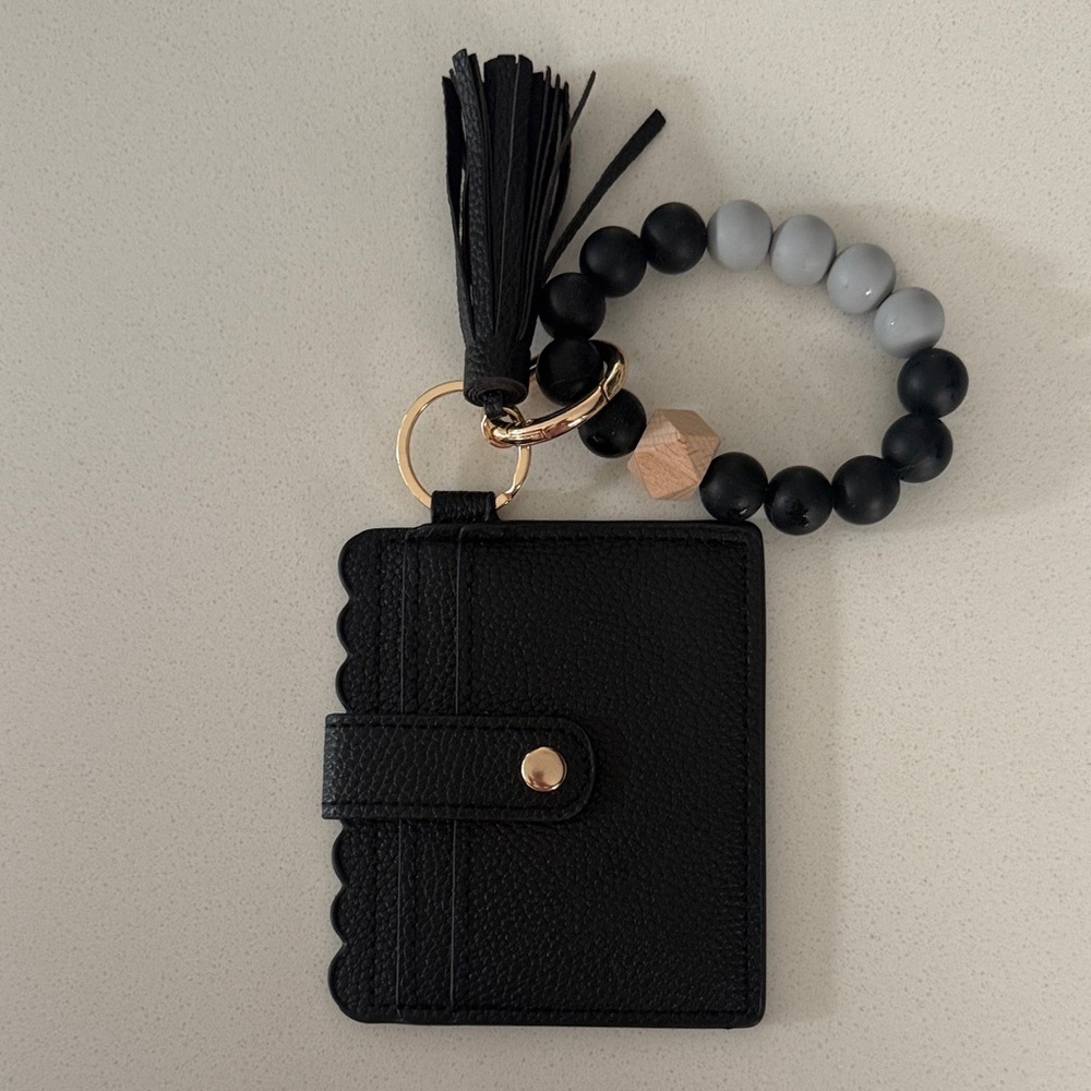 Black Leather Card Holder with Tassel Keychain